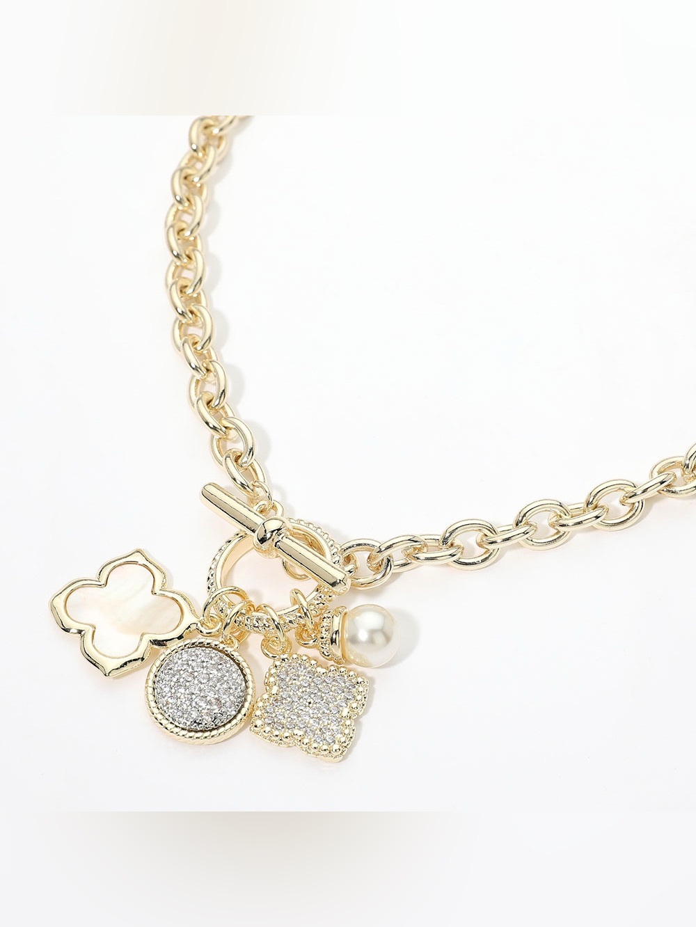 14K Gold Plated CZ Pave Quatrefoil Pearl Floral Charm Pendant Toggle Necklace